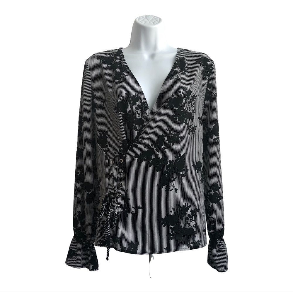 Worthington Black and White Floral Stripe Lace Up Long Sleeve Blouse S